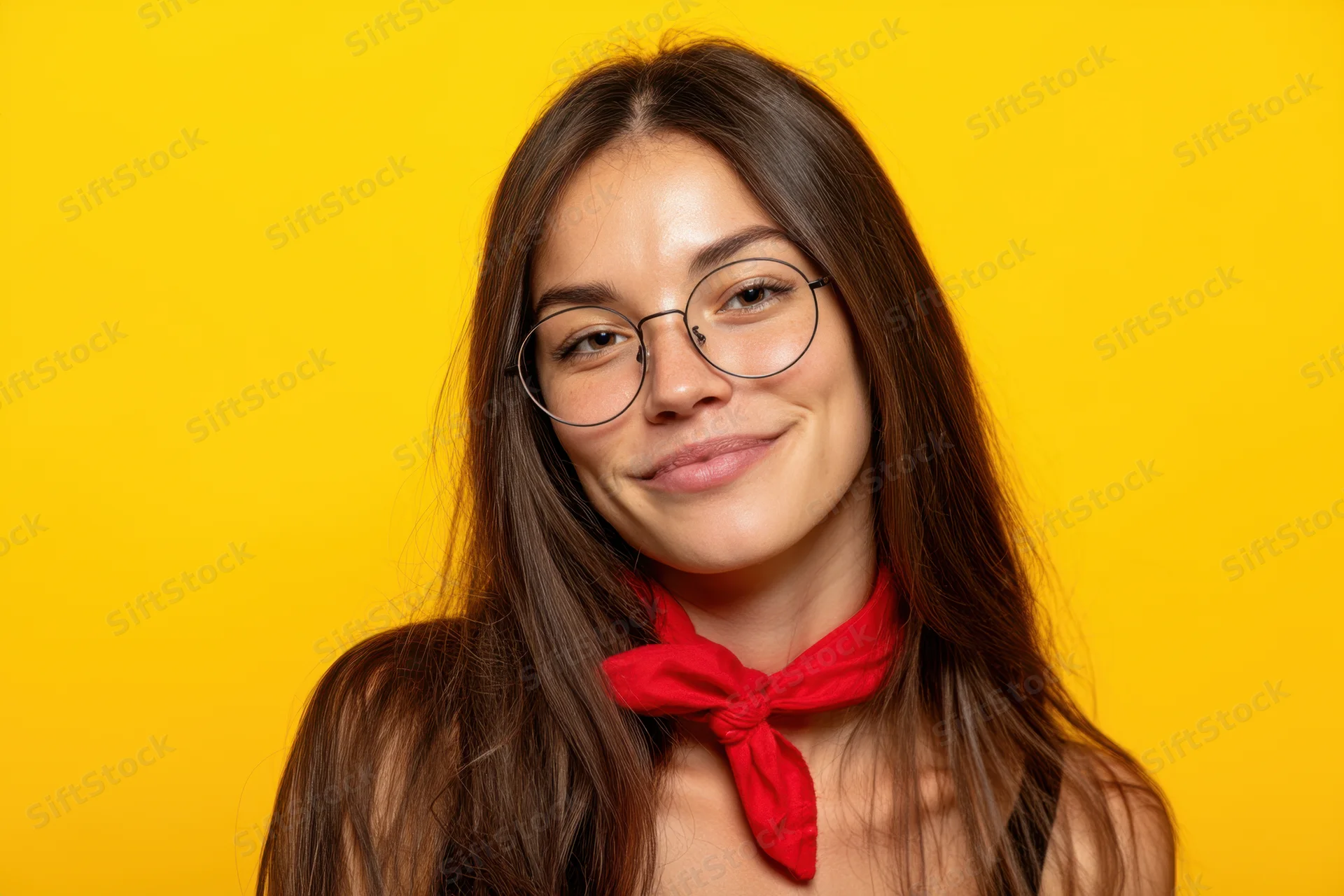 Young woman with long brown hair and round glasses smiling playfully against yellow background wearing red neck scarf
