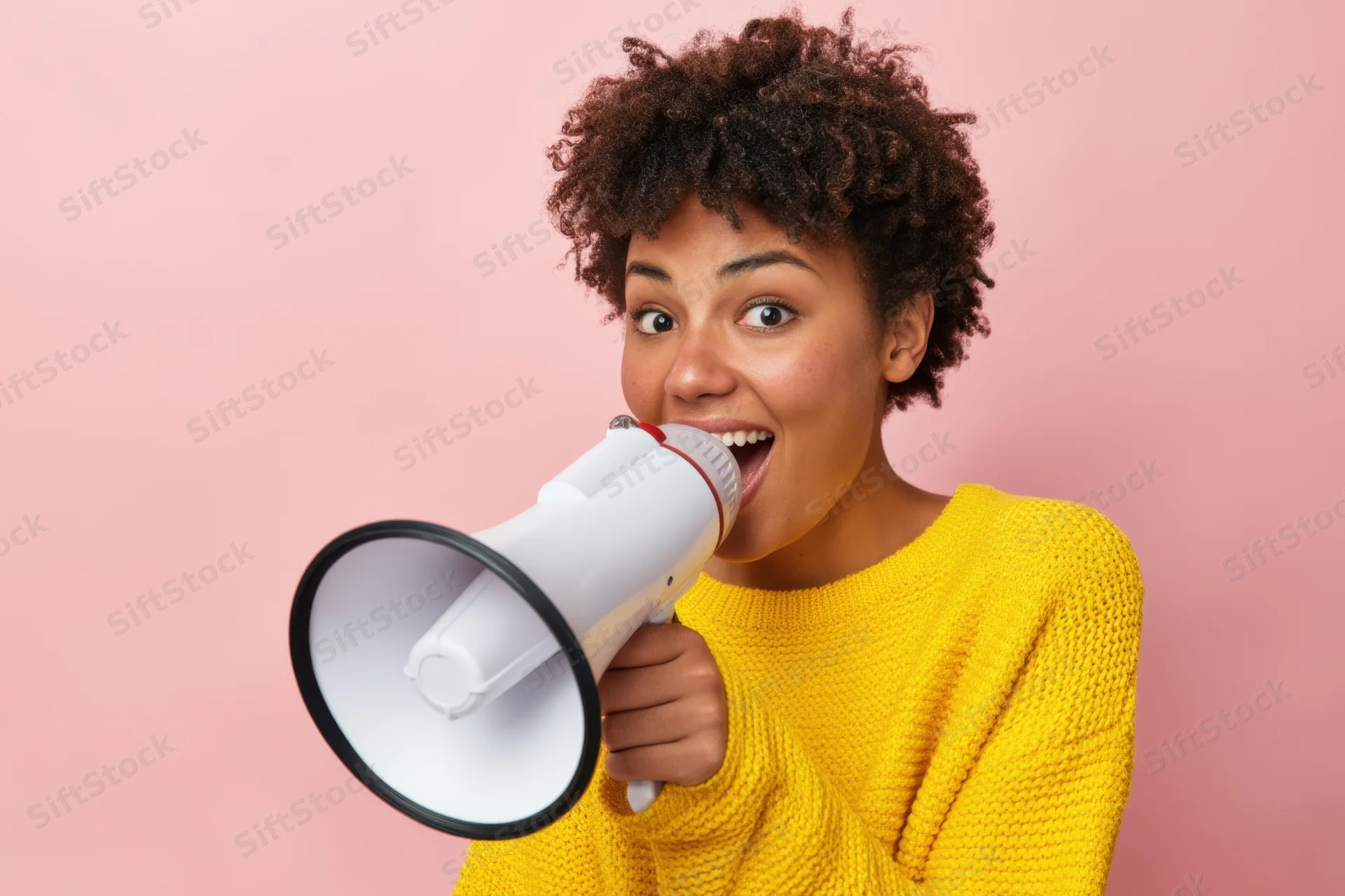 Young black woman speaking enthusiastically into a megaphone against a pink background wearing a yellow sweater