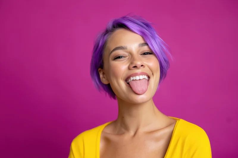 Young woman with short vibrant purple hair laughing and sticking out her tongue against a bright pink background wearing a yellow top