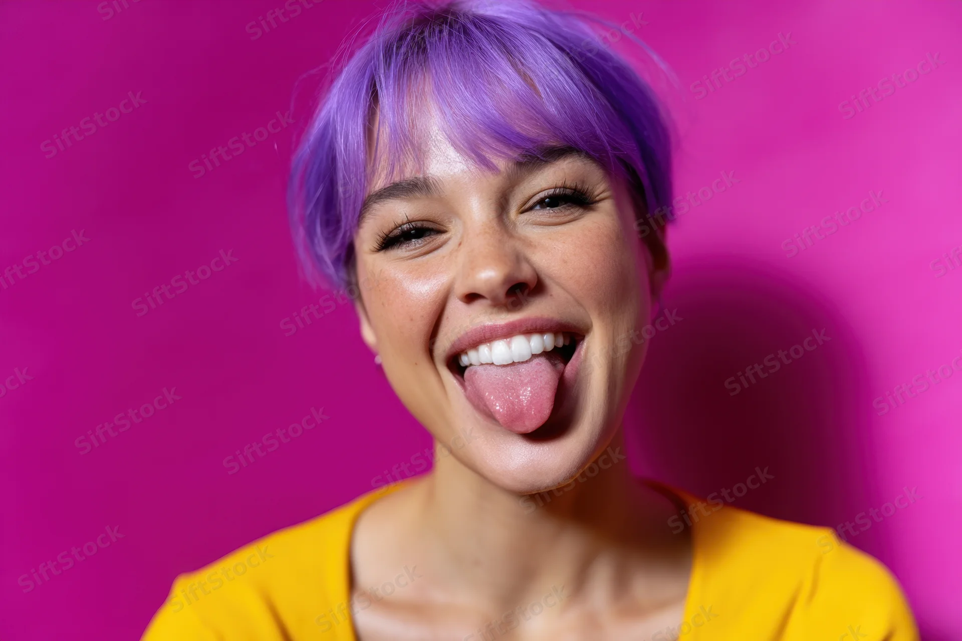 Young woman with short vibrant purple hair smiling and sticking out her tongue against a pink background wearing a yellow shirt