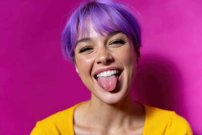 Young woman with short vibrant purple hair smiling and sticking out her tongue against a pink background wearing a yellow shirt