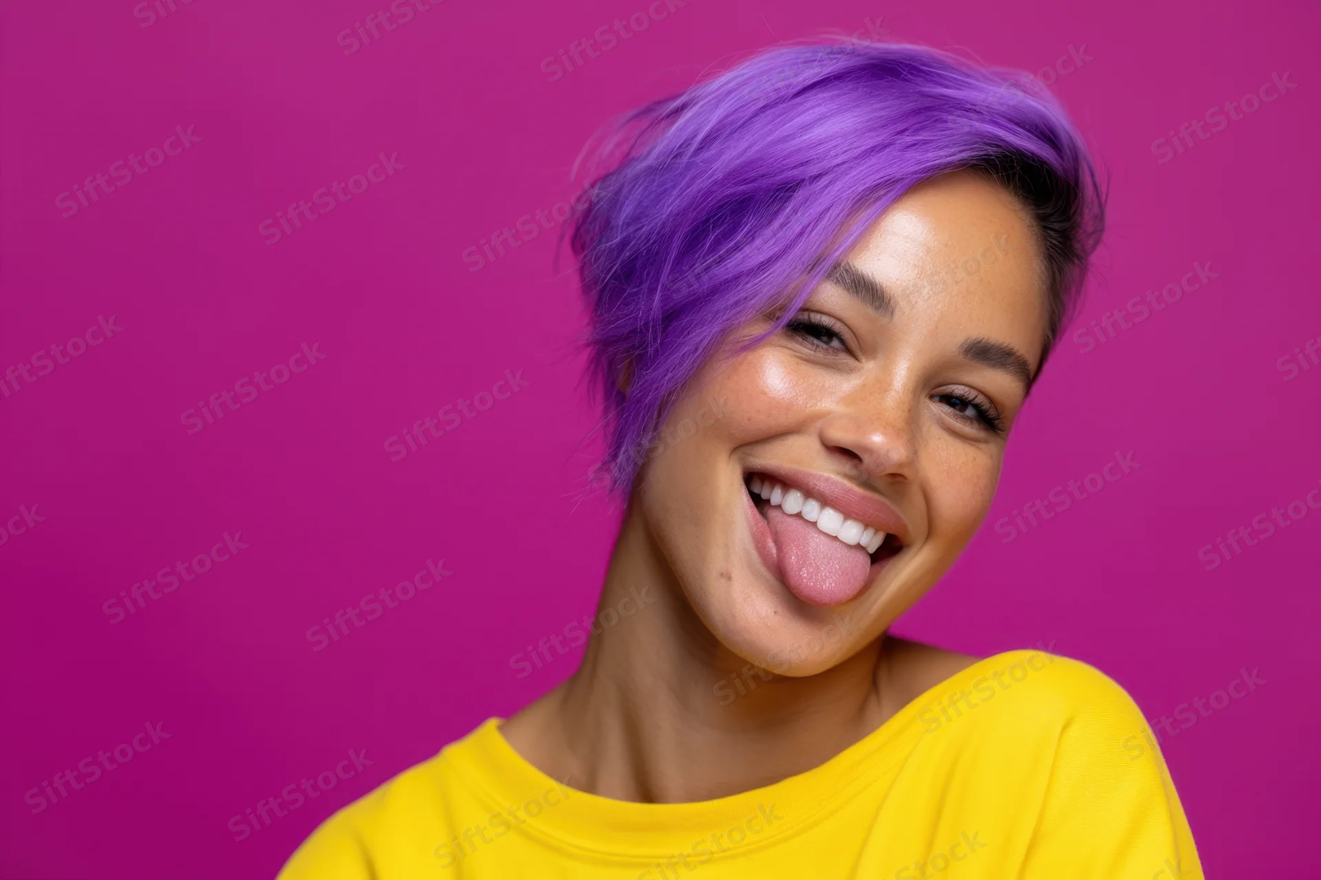 Young woman with short vibrant purple hair smiling with tongue out in studio portrait wearing yellow shirt