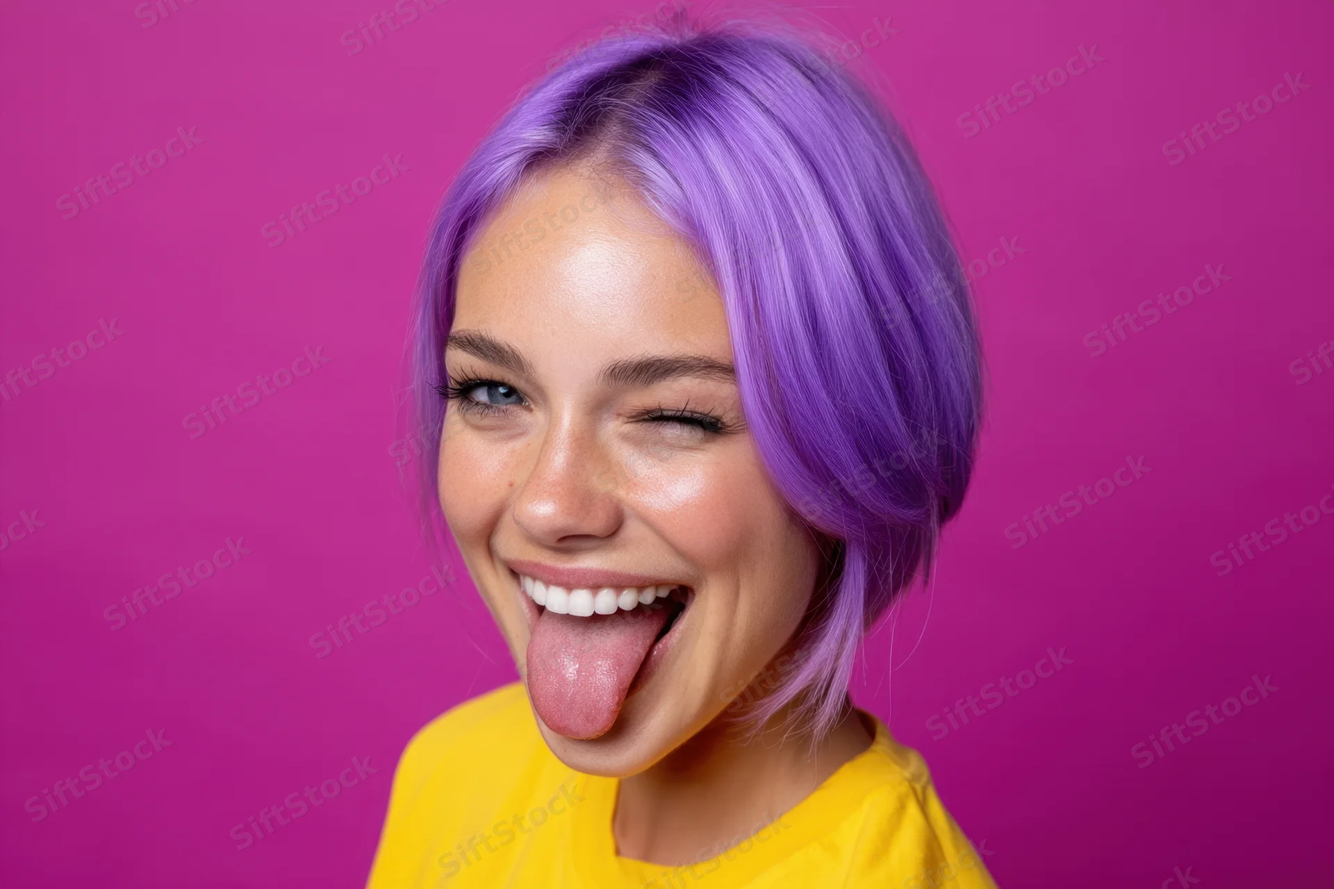 Young woman with short vibrant purple hair smiling and sticking tongue out against pink background wearing yellow t-shirt