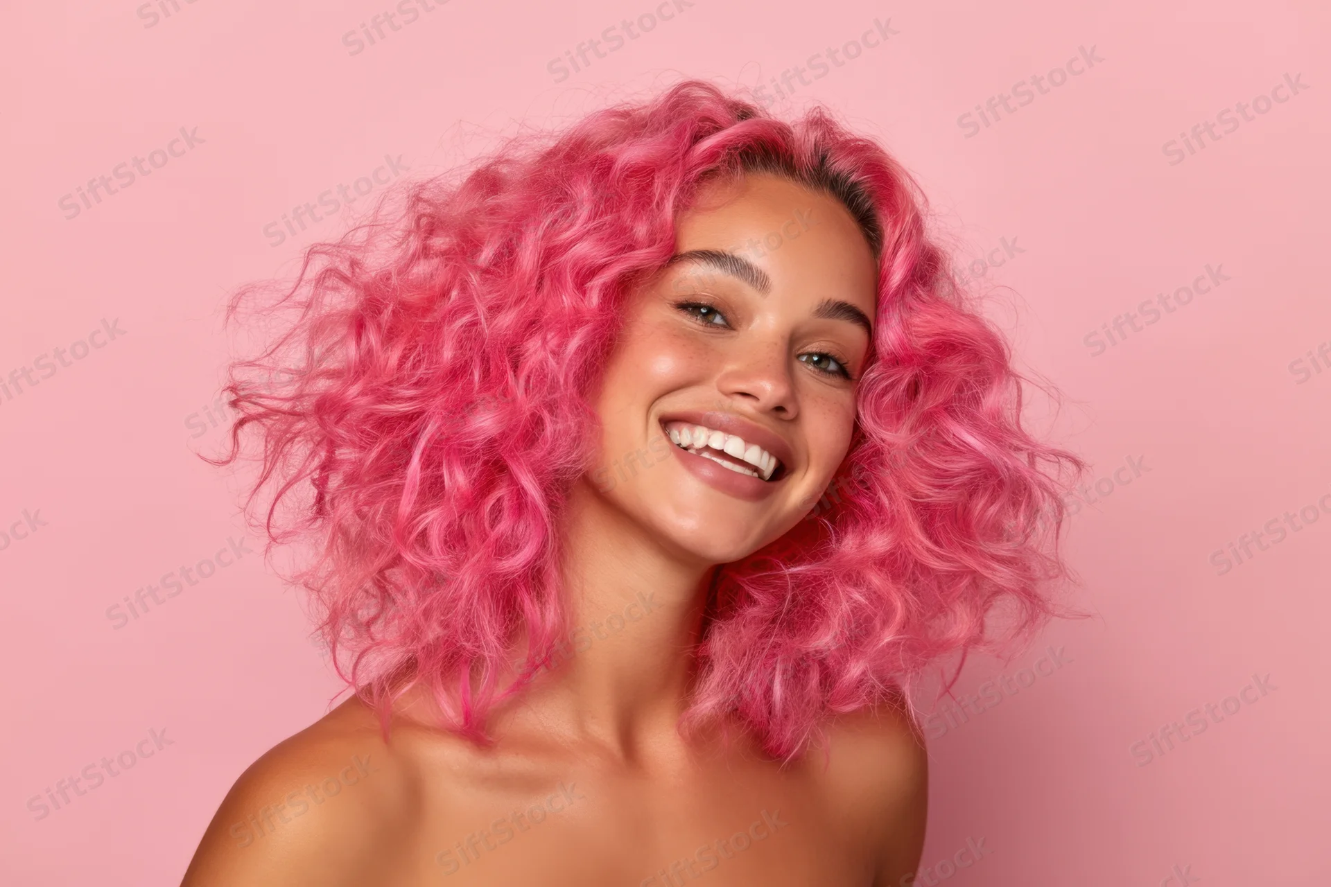 Young woman with vibrant pink curly hair smiling in studio portrait