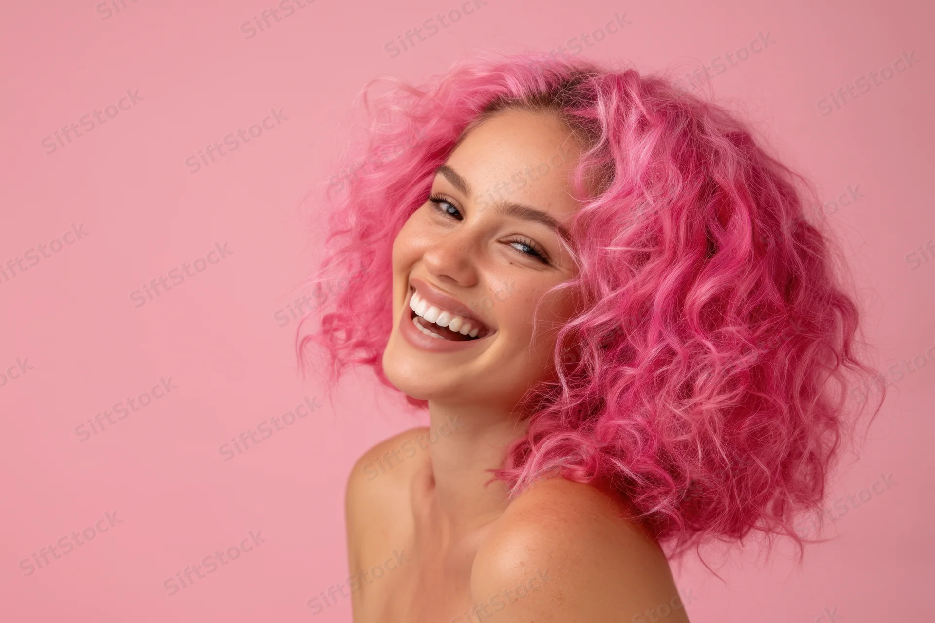 Young woman with vibrant pink curly hair smiling joyfully in studio portrait against pink background
