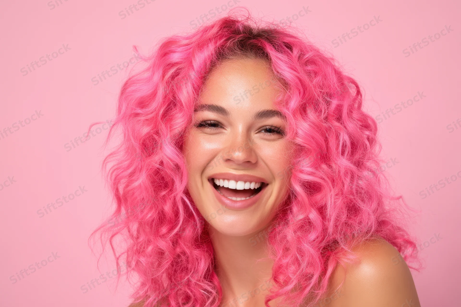 Young woman with vibrant pink curly hair laughing in studio portrait