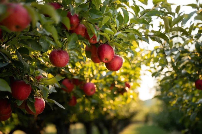 Ripe red apples hanging from branches in an orchard row with dappled sunlight and blurred green foliage in the background