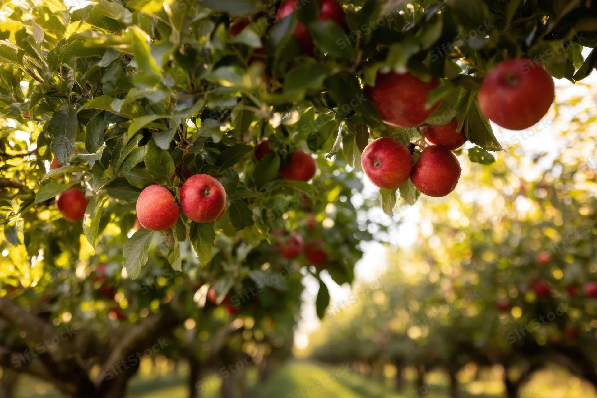 Ripe red apples hanging from branches in an apple orchard during autumn sunlight