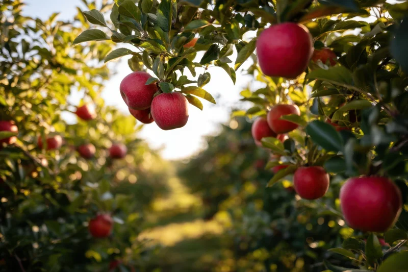 Ripe red apples hanging from branches in an orchard row at golden hour