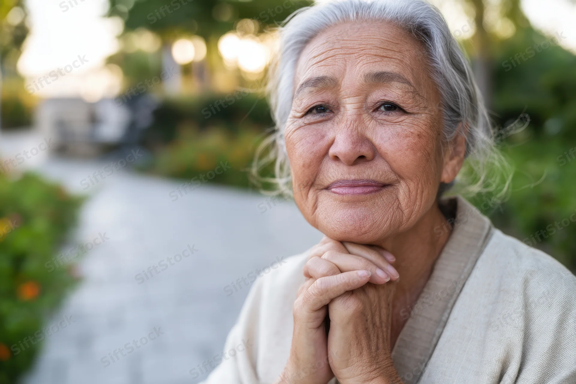 Senior asian woman smiling with hands clasped under chin in garden at dusk