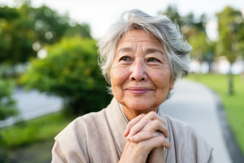 Senior asian woman smiling with hands clasped in a park pathway surrounded by greenery