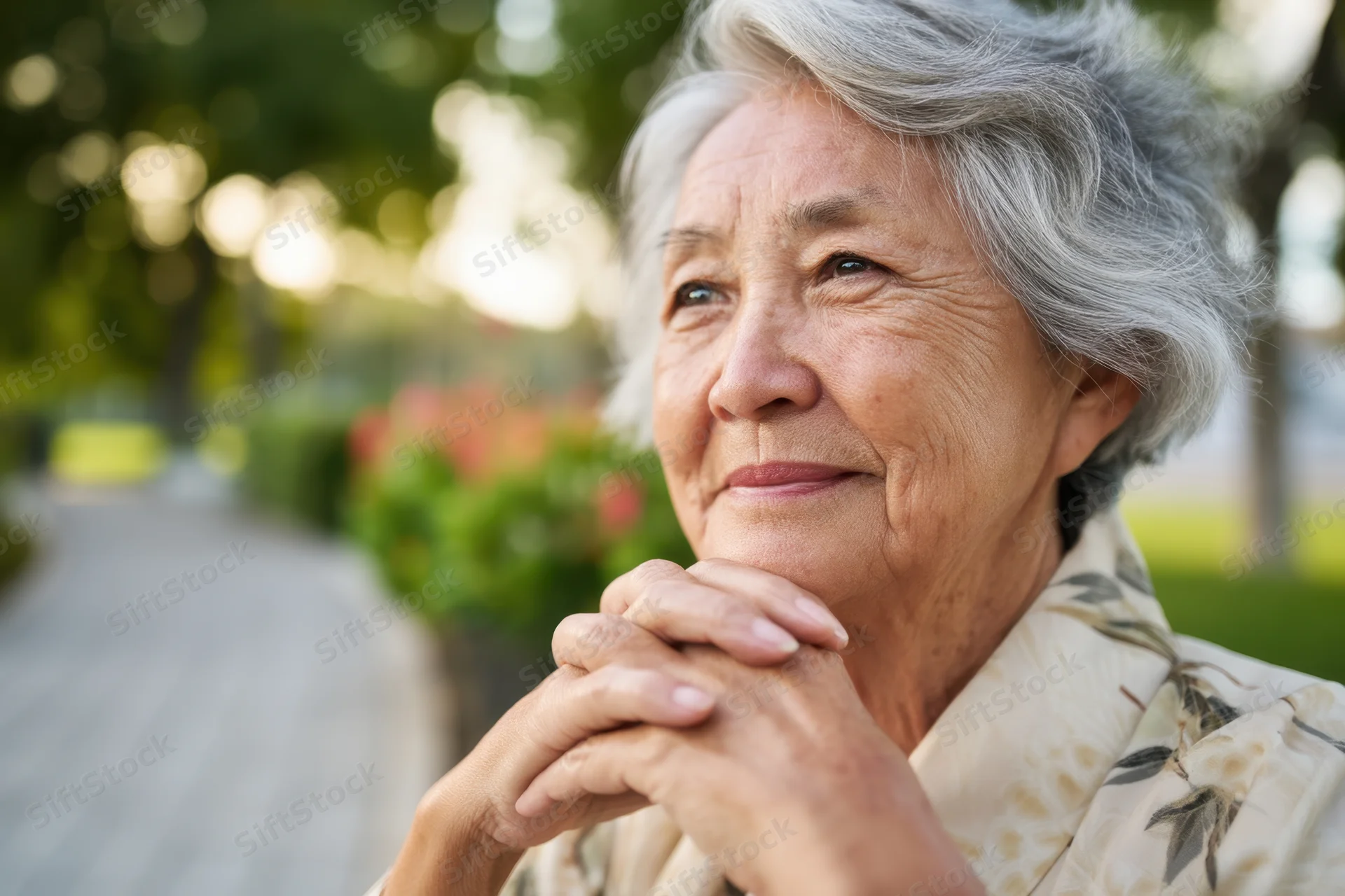 Senior asian woman with hands clasped near chin in a garden pathway setting
