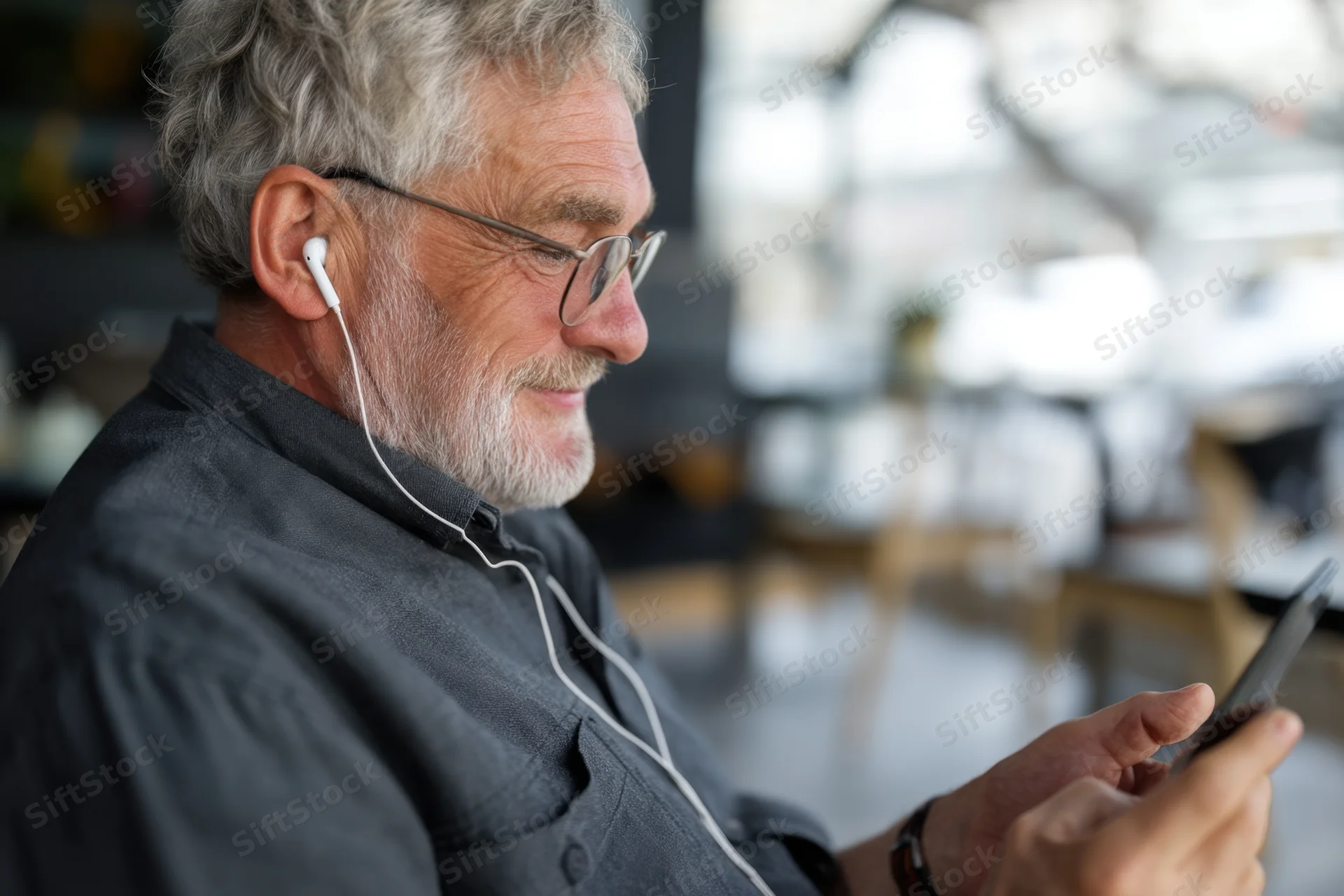 Senior man smiling while using smartphone with earbuds indoors