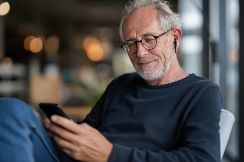 Senior man smiling while using smartphone with earbuds in a cafe setting