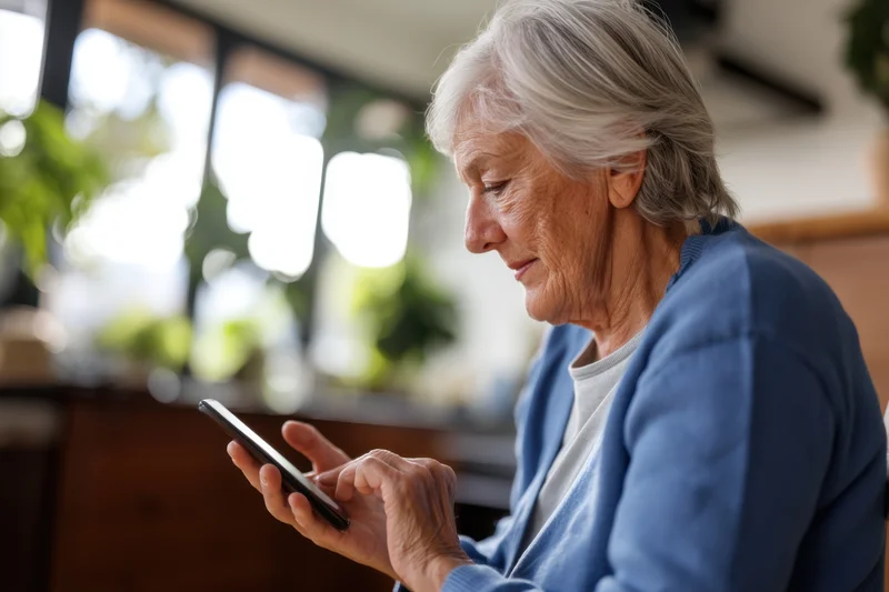 Elderly woman interacting with smartphone in home kitchen setting