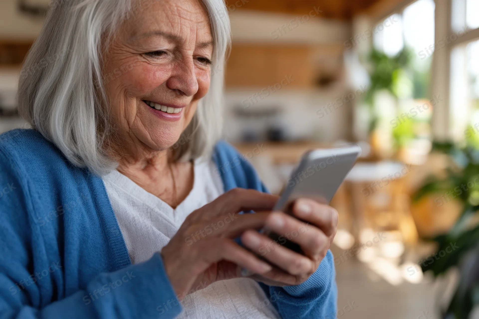 Senior woman smiling while interacting with smartphone in home kitchen setting