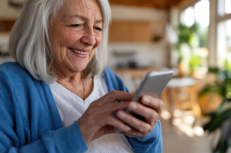 Senior woman smiling while interacting with smartphone in home kitchen setting