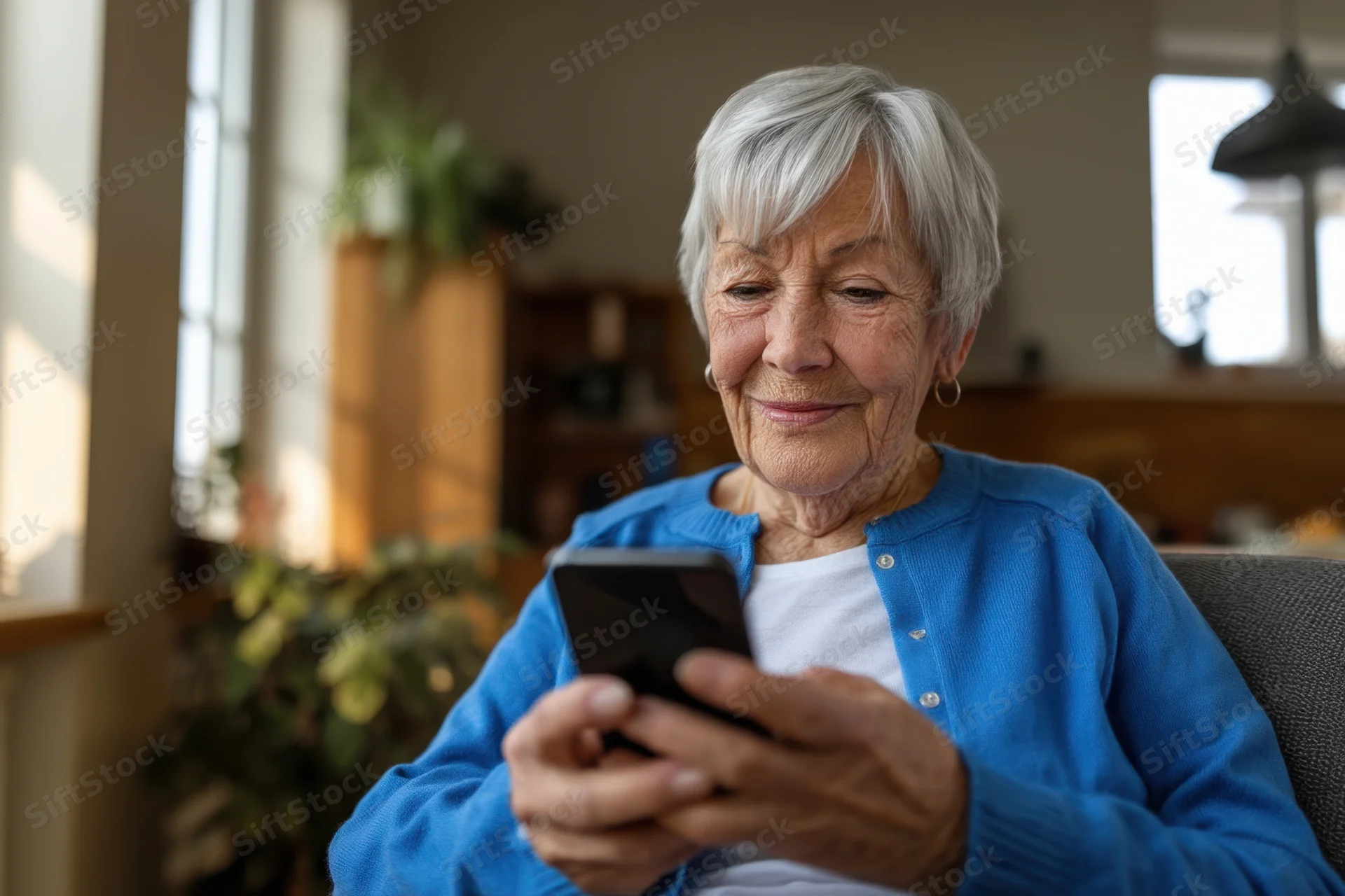 Senior woman smiling while using smartphone at home