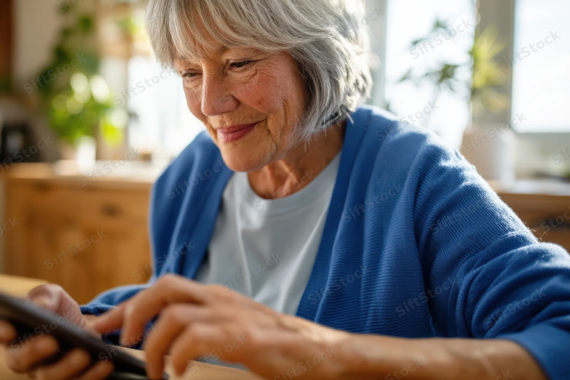 Senior woman smiling while typing on smartphone at kitchen table
