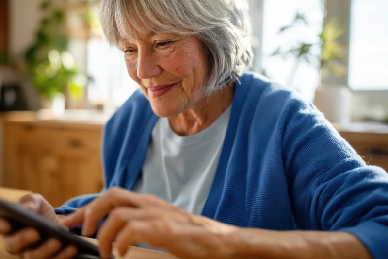 Senior woman smiling while typing on smartphone at kitchen table