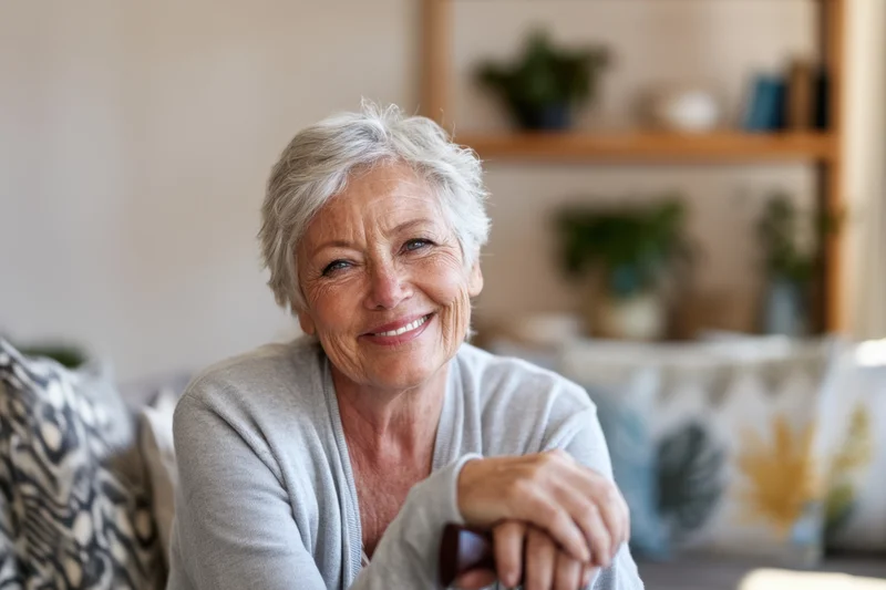 Senior woman smiling while holding a cane in a living room interior