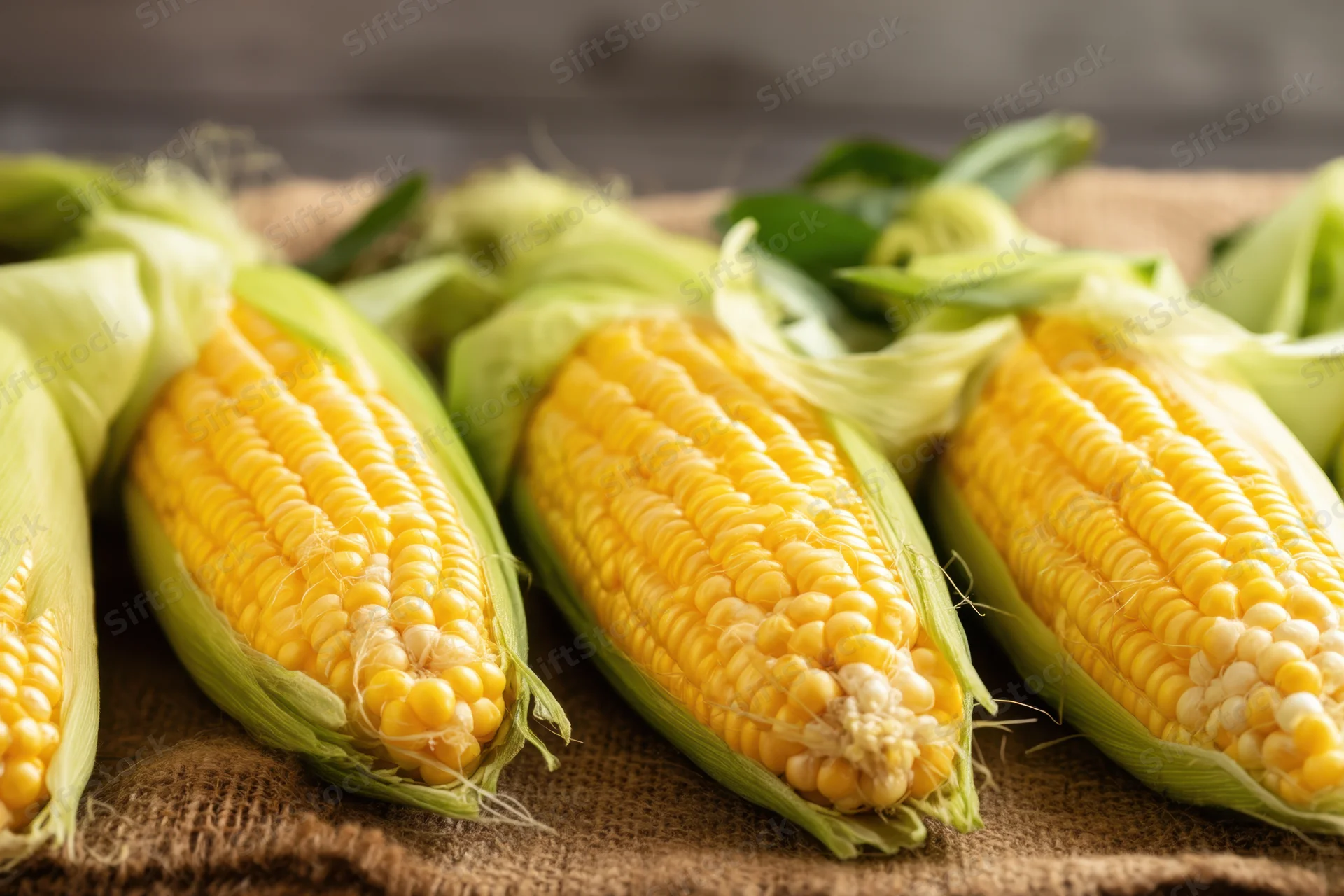 Fresh corn on the cob arranged neatly on a rustic burlap surface
