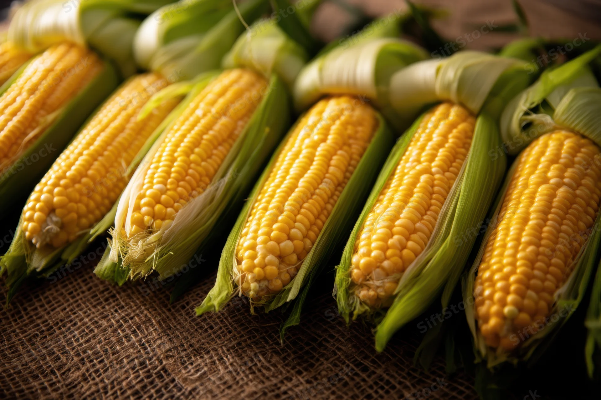 Fresh corn on the cob arranged neatly on rustic burlap surface