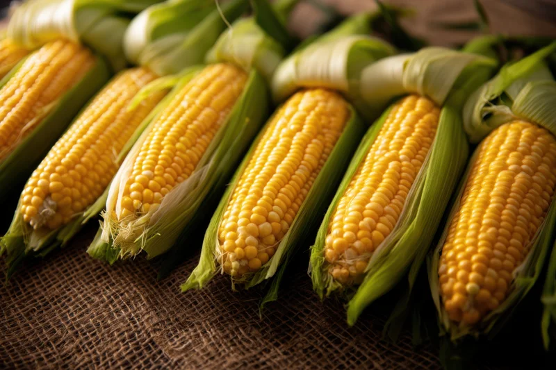 Fresh corn on the cob arranged neatly on rustic burlap surface