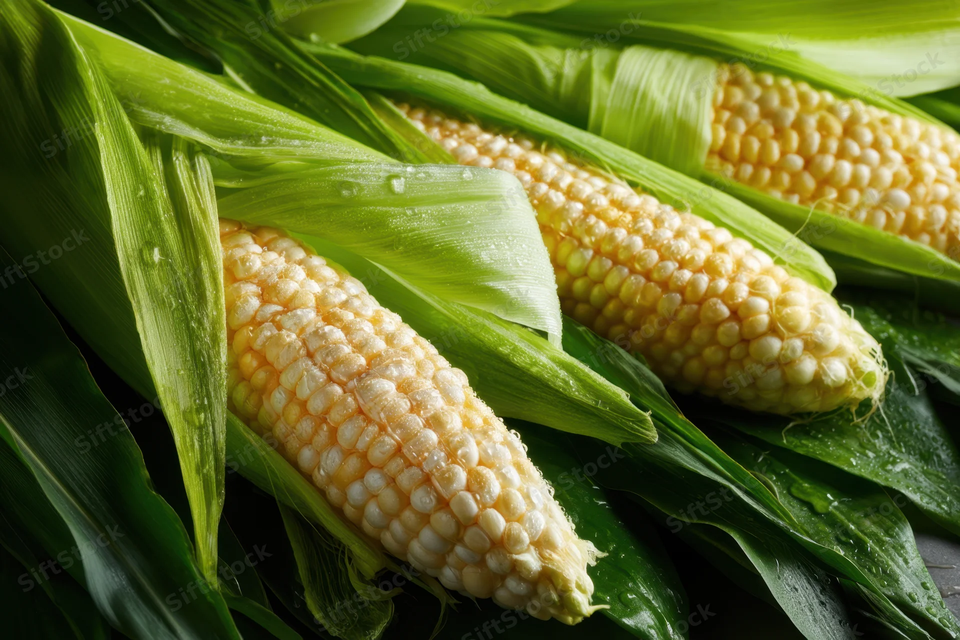 Fresh ears of corn on the cob with husks partially peeled, resting on green leaves