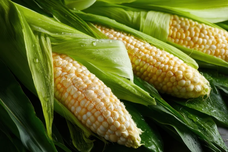 Fresh ears of corn on the cob with husks partially peeled, resting on green leaves