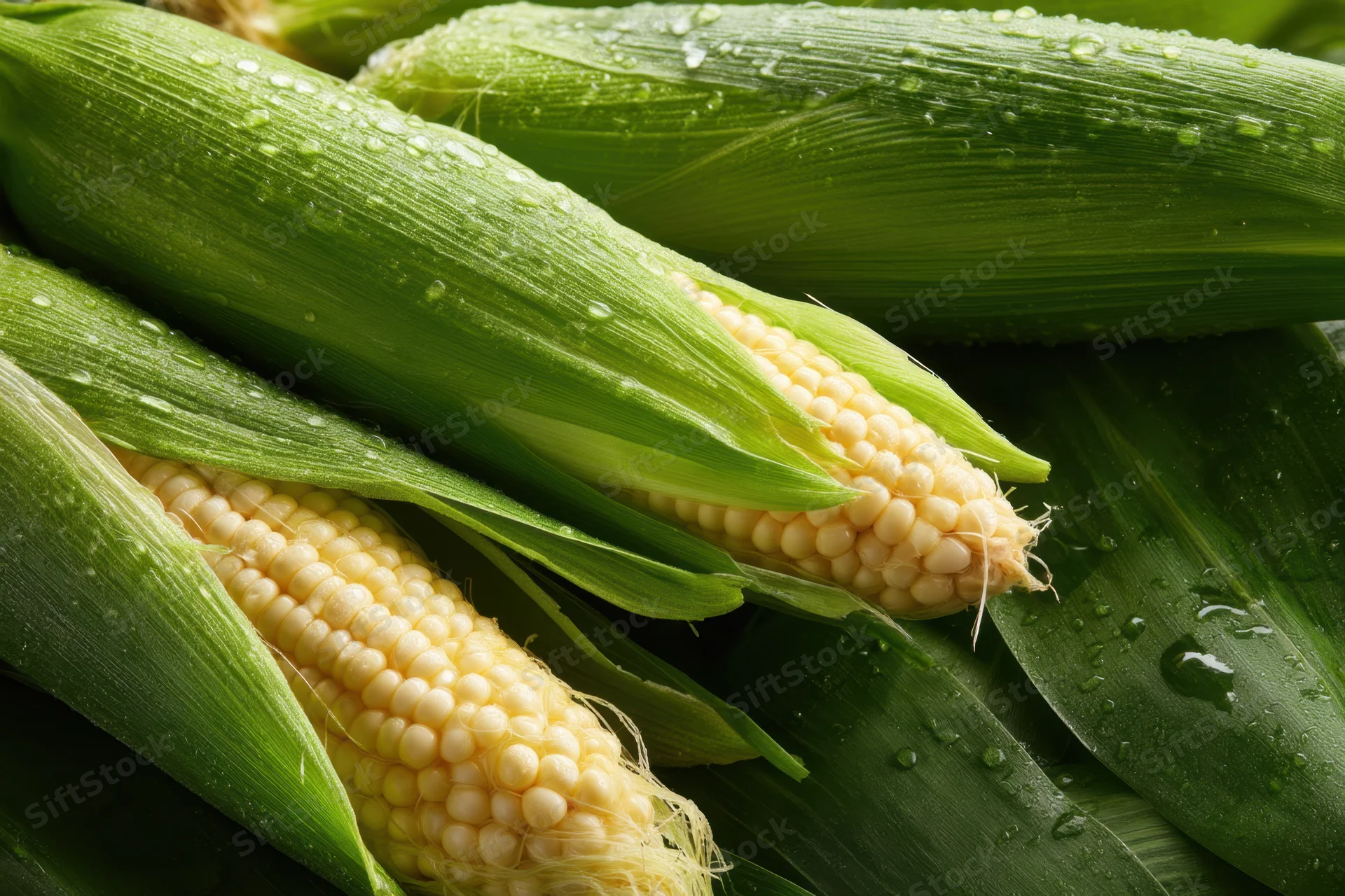 Fresh corn on the cob with husks partially peeled, showing yellow kernels and green leaves, covered in water droplets