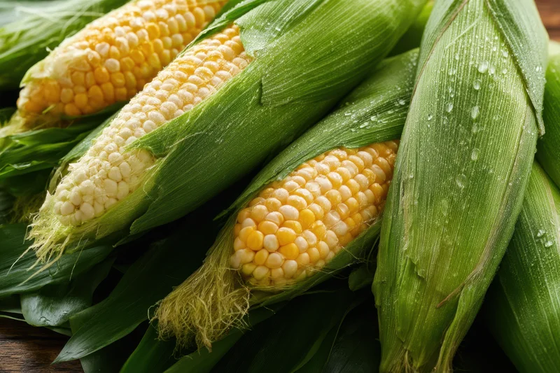 Fresh corn on the cob with husks partially peeled back resting on a wooden surface