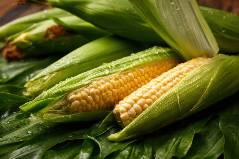 Fresh corn on the cob with husks partially peeled, resting on green leaves, showing yellow kernels and dew drops