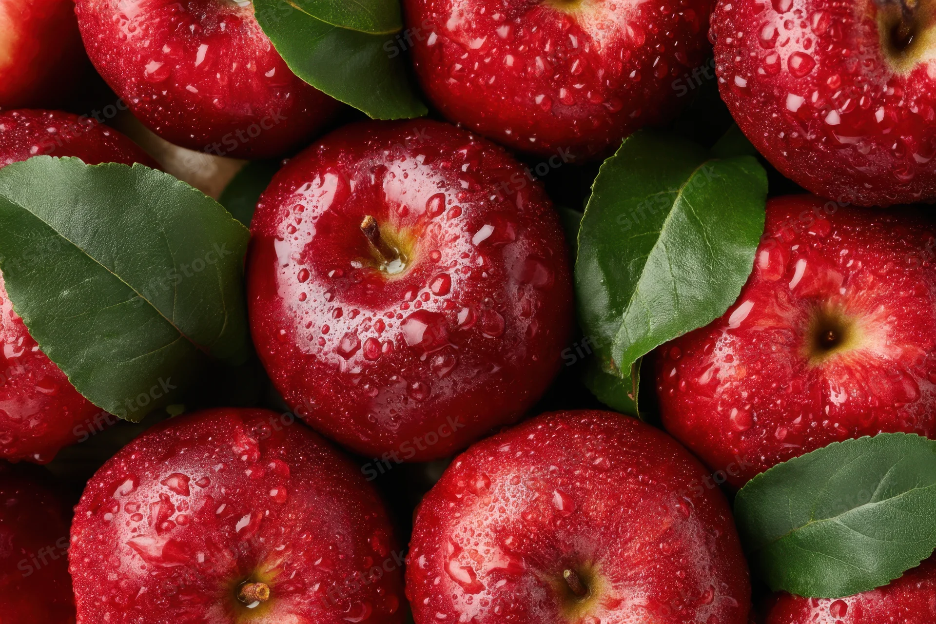 Fresh red apples with water droplets and green leaves arranged closely together