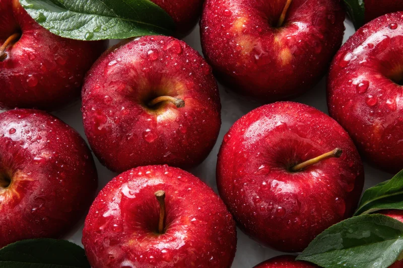 Fresh red apples with water droplets arranged closely on a white surface