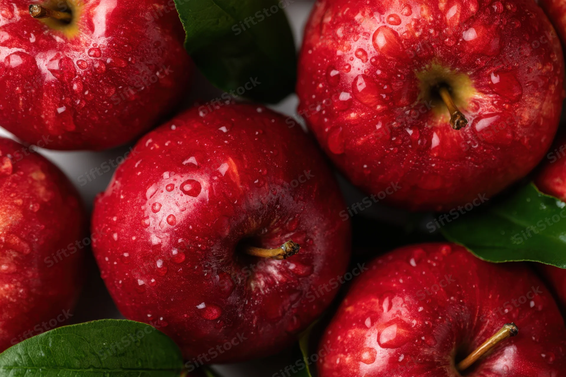Fresh red apples with water droplets arranged closely with green leaves visible