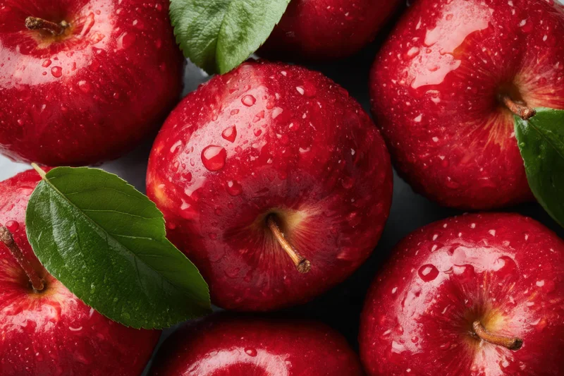 Fresh red apples with water droplets and green leaves arranged closely together