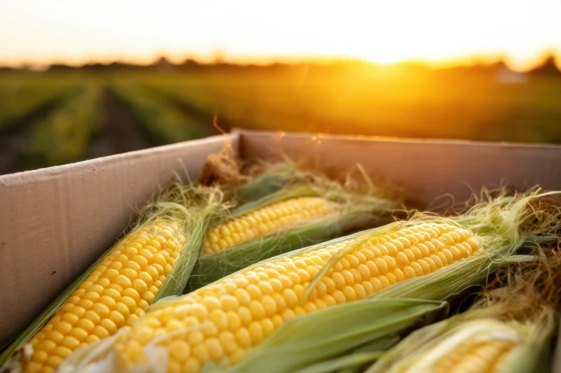 Freshly harvested corn cobs in a cardboard box with field at sunset in background
