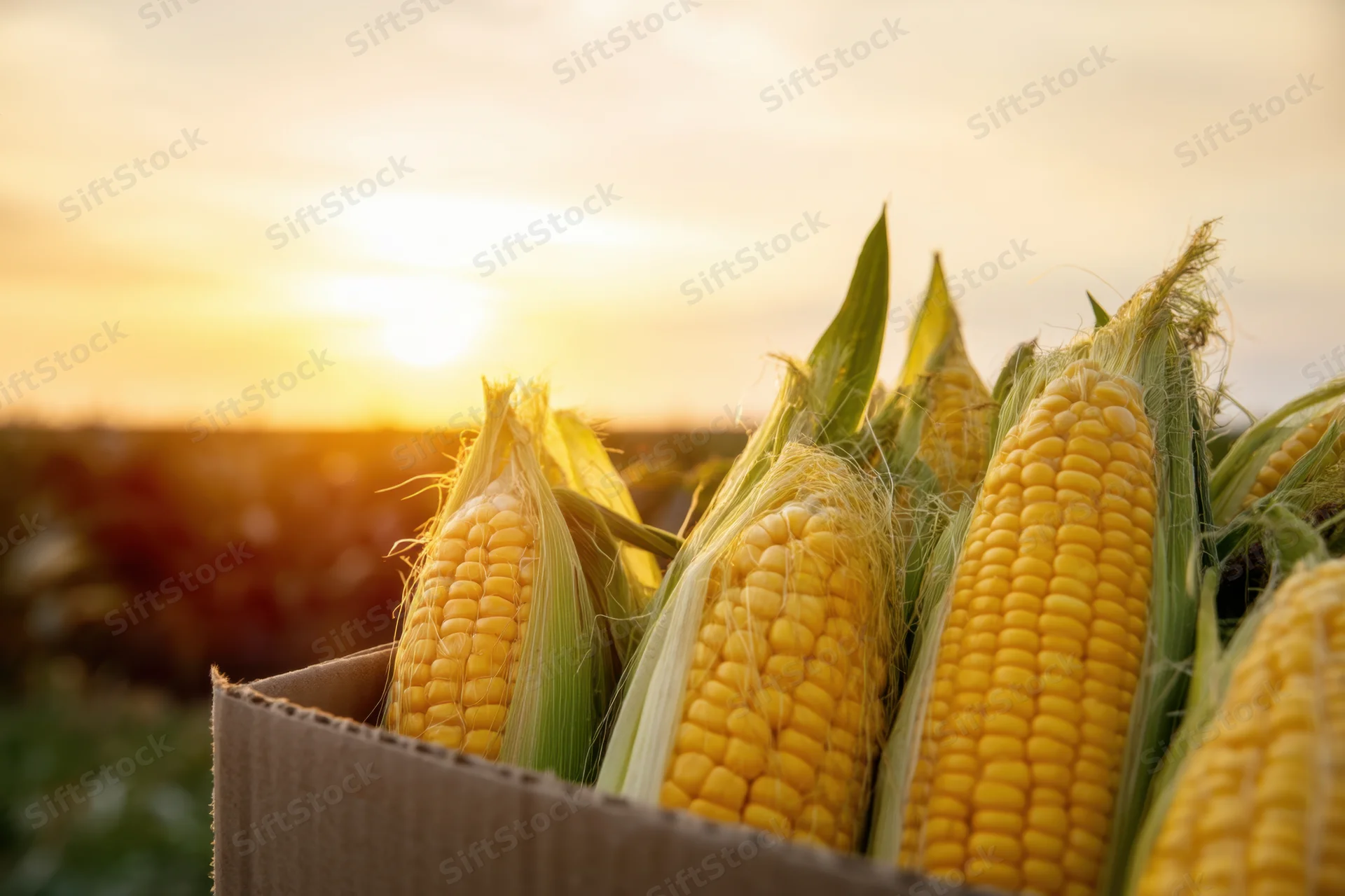 Freshly harvested corn cobs in a cardboard box set against a sunset in a field