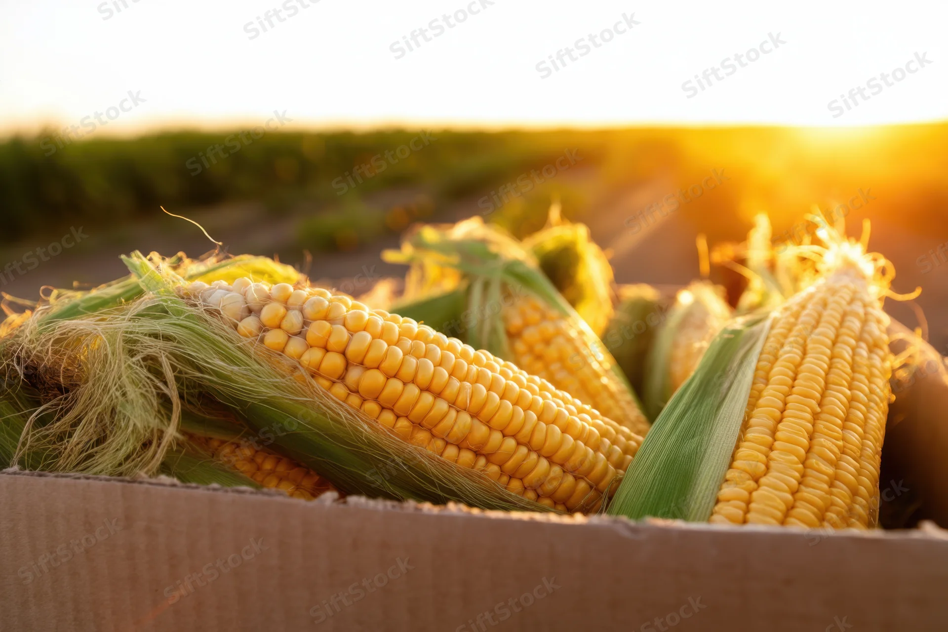 Freshly harvested corn cobs in a cardboard box on a farm field at sunset