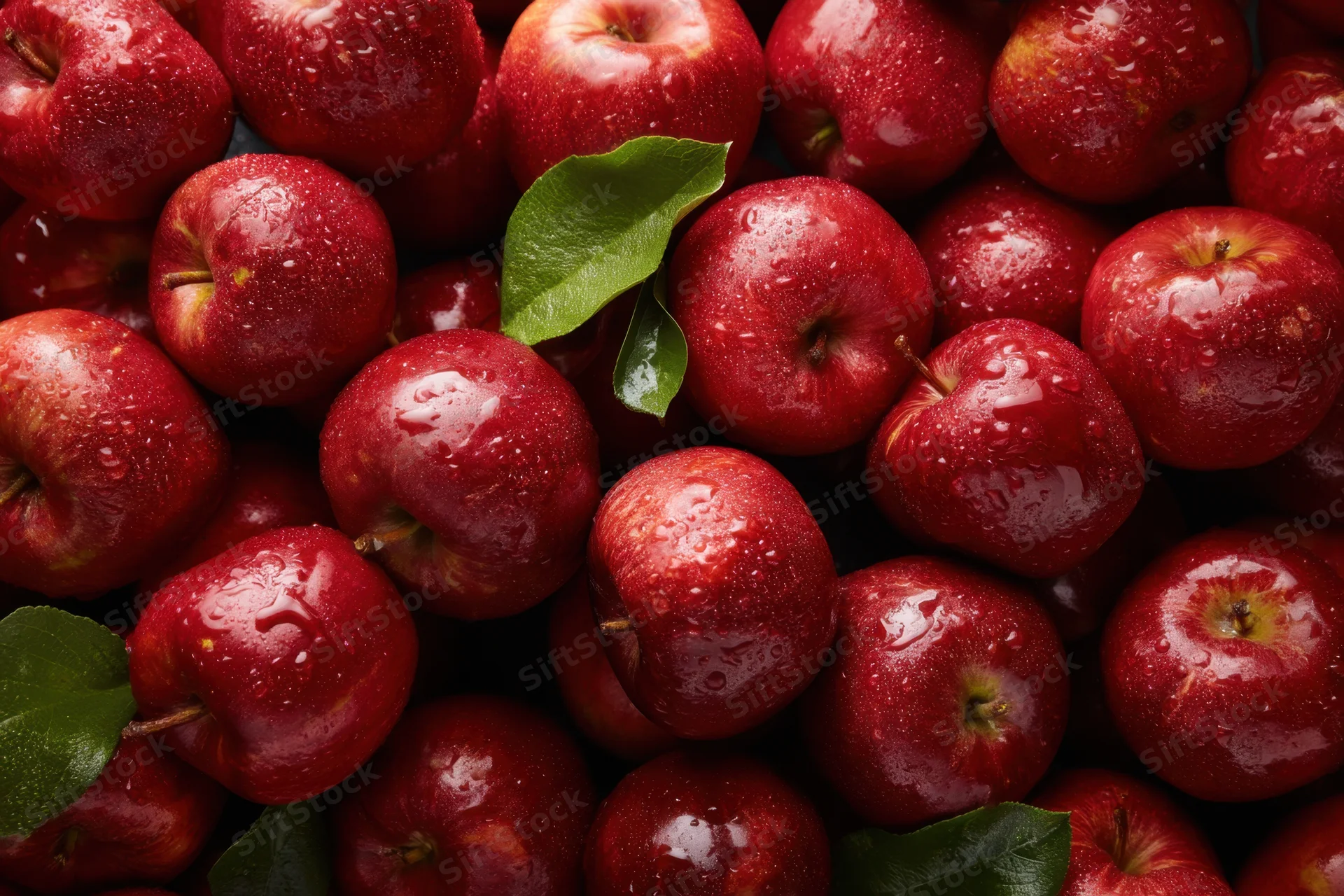 Freshly picked red apples arranged in a pile with green leaves and water droplets on their skin