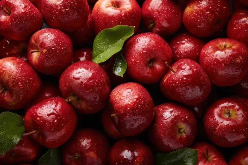 Freshly picked red apples arranged in a pile with green leaves and water droplets on their skin