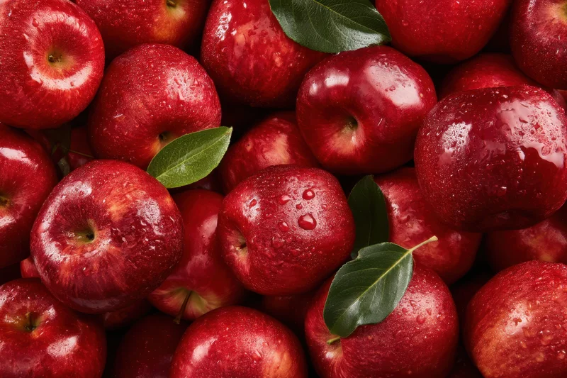 Freshly picked red apples with green leaves and water droplets arranged in a close-up pile