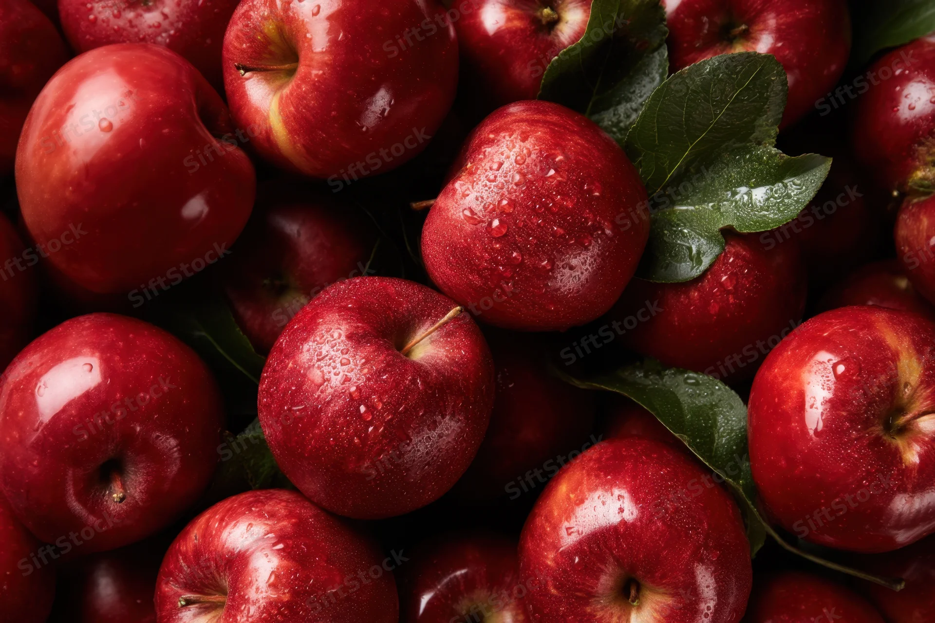 Freshly picked red apples with green leaves and water droplets arranged in a close-up cluster