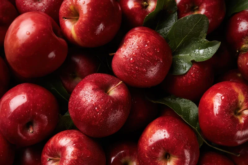 Freshly picked red apples with green leaves and water droplets arranged in a close-up cluster