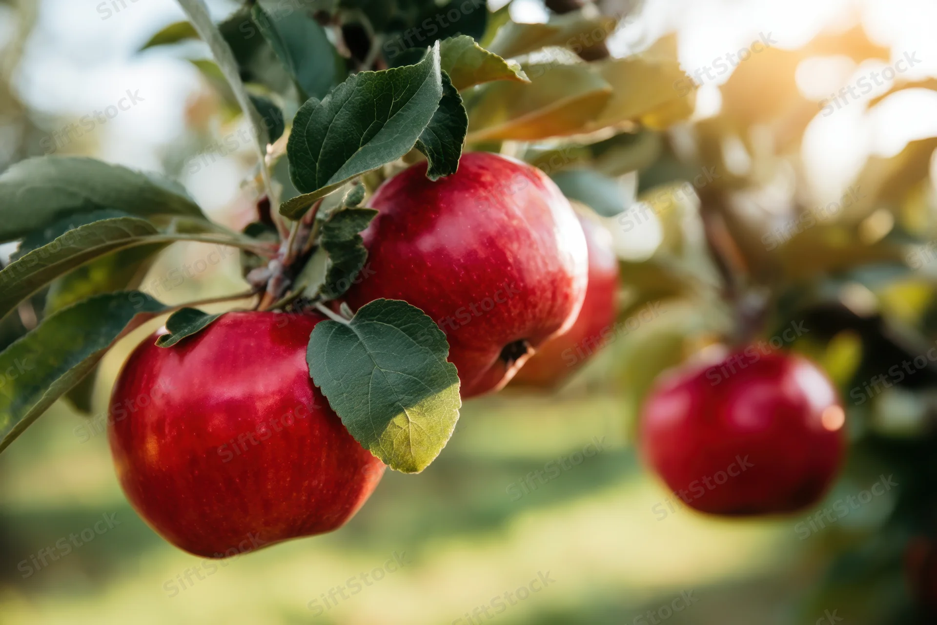 Ripe red apples hanging on a tree branch in an orchard during autumn sunlight