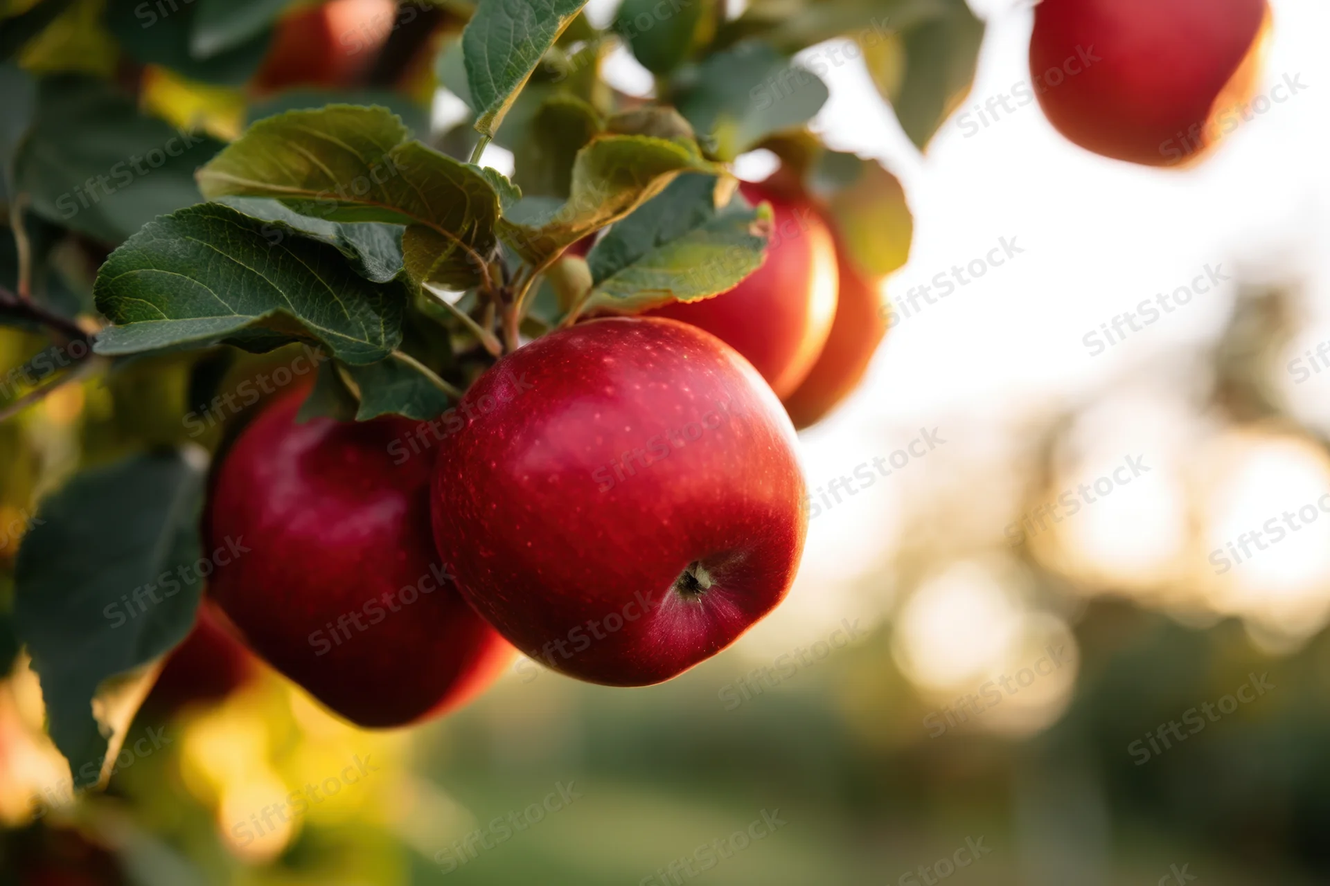 Ripe red apples hanging on a tree branch in an orchard during golden hour