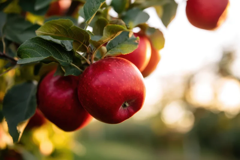Ripe red apples hanging on a tree branch in an orchard during golden hour