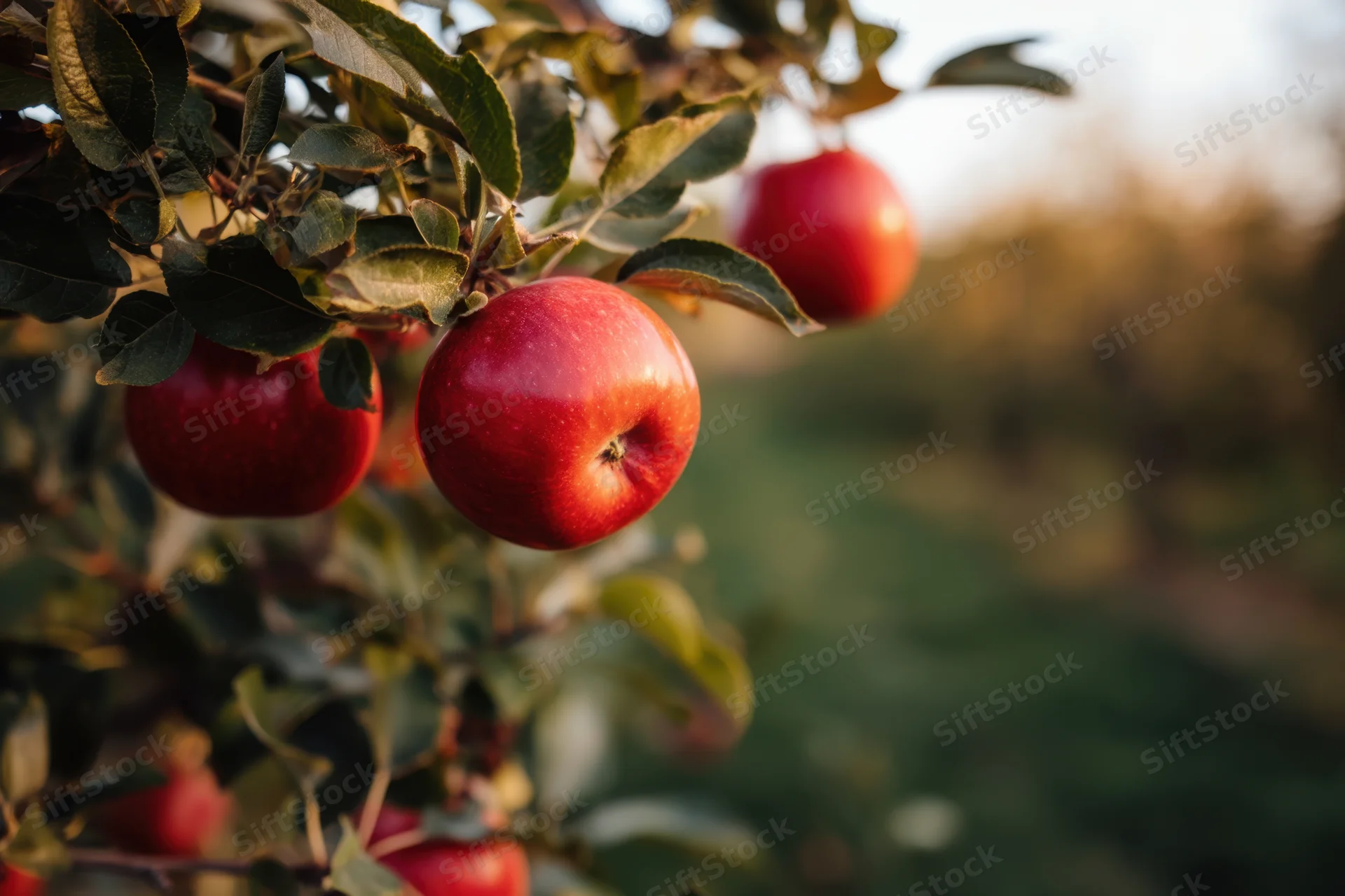 Ripe red apples hanging on a tree branch in an orchard during autumn harvest