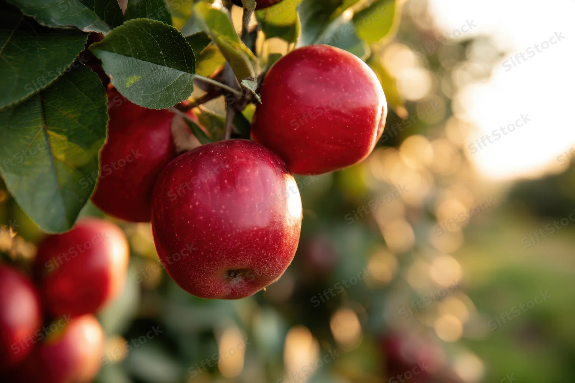 Ripe red apples hanging on a tree branch in an orchard at golden hour
